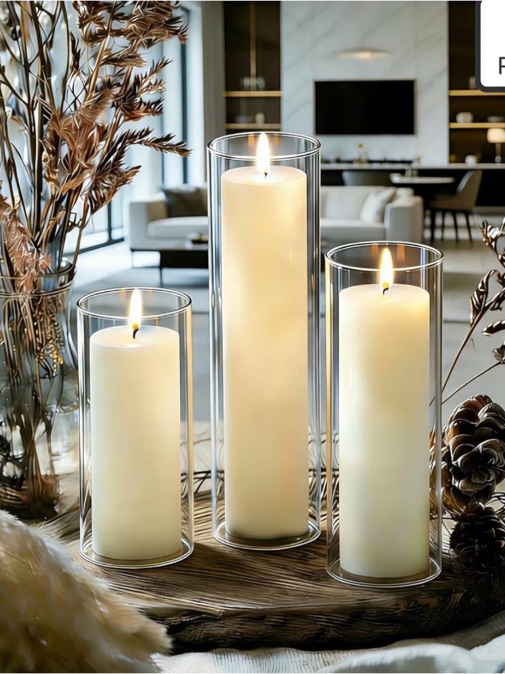 Ivory Pillar Candles in Clear Glass Hurricane Holders - Set of 3